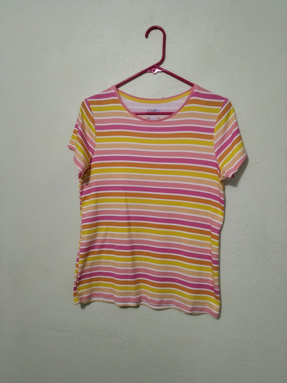 Croft & Barrow Pink and Yellow Striped Crew Neck Tee Size Small